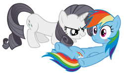 Size: 2400x1417 | Tagged: safe, artist:dashie4president, artist:tzolkine, edit, rainbow dash, rarity, pegasus, pony, unicorn, blushing, discorded, female, greedy, lesbian, raridash, shipping, simple background, vector, white background