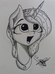 Size: 3096x4128 | Tagged: safe, artist:ironbeastz, princess luna, alicorn, pony, bust, happy, high res, monochrome, portrait, solo, traditional art