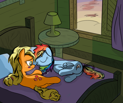 Size: 2010x1700 | Tagged: safe, artist:inkygarden, derpibooru import, applejack, rainbow dash, earth pony, pegasus, pony, appledash, bed, bed mane, blushing, fanfic art, female, lesbian, morning, shipping, sleeping