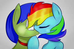 Size: 1200x800 | Tagged: safe, artist:artzee, derpibooru import, rainbow dash, oc, oc:amber wing, pegasus, pony, canon x oc, collar, forced, kissing, shipping, shocked