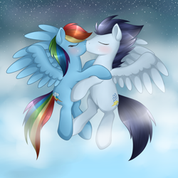 Size: 1024x1024 | Tagged: safe, artist:kitsunewolf95, rainbow dash, soarin', pegasus, pony, blushing, female, kissing, male, romantic, shipping, soarindash, straight