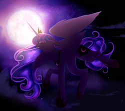 Size: 1594x1420 | Tagged: safe, artist:clefficia, princess luna, alicorn, pony, eyes closed, female, flying, mare, moon, night, night sky, sky, solo