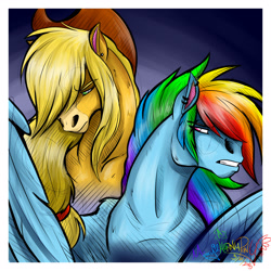 Size: 3200x3200 | Tagged: safe, artist:mimy92sonadow, derpibooru import, applejack, rainbow dash, earth pony, pegasus, pony, cowboy hat, duo, hat, signature, stetson