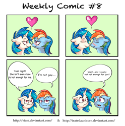 Size: 3564x3599 | Tagged: safe, artist:vicse, dj pon-3, rainbow dash, vinyl scratch, pegasus, pony, unicorn, angry, blushing, comic, female, heart, lesbian, noseboop, shipping, shipping denied, speech bubble, vinyldash