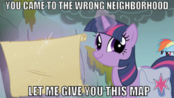 Size: 731x411 | Tagged: safe, edit, edited screencap, screencap, rainbow dash, twilight sparkle, pegasus, pony, dragonshy, duo, image macro, looking at you, map, twiface, wrong neighborhood