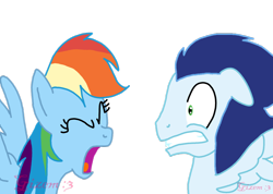 Size: 1024x731 | Tagged: safe, artist:gizemyorganci, rainbow dash, soarin', pegasus, pony, female, male, shipping, soarindash, straight, yelling