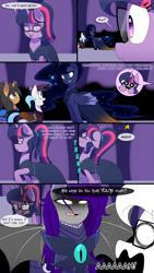 Size: 1080x1920 | Tagged: safe, artist:jase1505, princess luna, sci-twi, twilight sparkle, oc, oc:doom star, alicorn, bat pony, pony, comic:night at the gala, series:sunlight horizons, amputee, angry, armor, augmented, bat pony oc, clothes, comic, dress, female, gala dress, implied lesbian, implied scitwishimmer, implied shipping, intimidating, lunabat, mare, night guard, pictogram, prosthetic limb, prosthetic wing, prosthetics, race swap, scared, shadow, unicorn sci-twi, wings