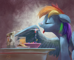 Size: 1200x971 | Tagged: safe, artist:tsitra360, derpibooru import, rainbow dash, scootaloo, pegasus, pony, airbrush, beverage, bowl, bread, breakfast, cereal, eating, eyes closed, female, glass, mare, milk, morning ponies, open mouth, orange juice, plate, signature, sleeping, snot bubble, solo, toast, tongue out, wing hands, wing hold