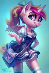 Size: 1771x2598 | Tagged: safe, artist:holivi, princess cadance, alicorn, anthro, bag, beautiful, beautiful eyes, beautiful hair, beckoning, bow, breasts, cleavage, clothes, cute, cutedance, female, hair bow, looking at you, mare, ponytail, princess cansdance, simple background, skirt, smiling, socks, solo, teen princess cadance, thigh highs, younger, zettai ryouiki