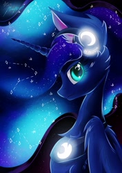 Size: 2435x3444 | Tagged: safe, artist:alexbluebird, princess luna, alicorn, pony, chest fluff, constellation, headphones, looking at you, smiling, solo