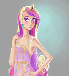 Size: 739x807 | Tagged: safe, alternate version, artist:purpuraimperial, princess cadance, human, clothes, crown, dress, female, hand on hip, humanized, jewelry, looking at you, regalia, simple background, solo, watermark