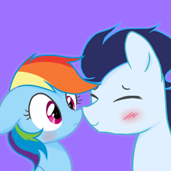 Size: 1600x1600 | Tagged: safe, artist:darkynez, derpibooru import, rainbow dash, soarin', pegasus, pony, blushing, boop, eyes closed, female, floppy ears, male, noseboop, shipping, smiling, soarindash, straight, surprised