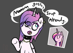 Size: 2036x1480 | Tagged: safe, artist:davierocket, princess cadance, princess flurry heart, alicorn, pony, alternate hairstyle, choker, eyeliner, goth, it's a phase, jewelry, makeup, necklace, piercing, princess emo heart, simple background, speech bubble, spiked choker, text