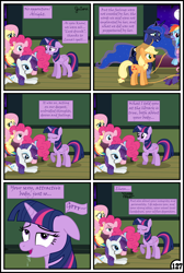 Size: 3254x4837 | Tagged: safe, artist:gutovi, applejack, fluttershy, pinkie pie, princess luna, rainbow dash, rarity, twilight sparkle, twilight sparkle (alicorn), alicorn, earth pony, pegasus, pony, unicorn, comic:why me!?, bed, blushing, broken window, comic, crying, drool, glass, lasso, mane six, mare in the moon, moon, rope