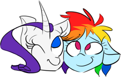 Size: 1095x698 | Tagged: safe, artist:heeeeresizzy, derpibooru import, rainbow dash, rarity, pegasus, pony, unicorn, curved horn, female, floppy ears, lesbian, raridash, shipping, smiling, wink