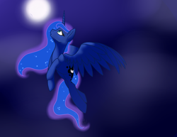 Size: 1600x1236 | Tagged: safe, artist:firepetalfox, princess luna, alicorn, pony, female, flying, looking up, mare, moon, night, solo, spread wings, wings