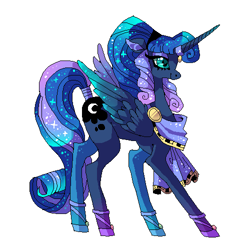 Size: 500x500 | Tagged: safe, artist:njeekyo, princess luna, alicorn, pony, artemis luna, cool, ethereal mane, female, galaxy mane, horn ring, mare, simple background, solo, tail wrap, white background