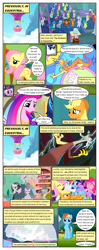 Size: 612x1552 | Tagged: safe, artist:newbiespud, edit, edited screencap, screencap, applejack, auburn vision, berry blend, berry bliss, bifröst, citrine spark, citrus bit, cozy glow, dawnlighter, discord, fire quacker, fluttershy, gallus, gooseberry, huckleberry, loganberry, night view, november rain, ocellus, peppermint goldylinks, pinkie pie, princess cadance, rainbow dash, rarity, sandbar, shining armor, silverstream, slate sentiments, smolder, spike, strawberry scoop, summer breeze, summer meadow, tom, tune-up, twilight sparkle, unicorn twilight, yona, alicorn, changedling, changeling, classical hippogriff, dragon, earth pony, griffon, hippogriff, pegasus, pony, unicorn, yak, comic:friendship is dragons, arm behind head, background pony, background pony audience, book, bookshelf, canterlot, comic, crossed arms, dialogue, discorded, dragoness, explosion, eyes closed, female, filly, flying, freckles, friendship student, grumpy, hat, laughing, library, lightning, male, mane seven, mane six, mare, mountain, relaxing, rock, screencap comic, sitting, smiling, stallion, student six