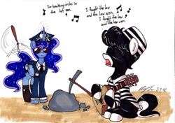 Size: 1934x1363 | Tagged: safe, artist:newyorkx3, princess luna, oc, oc:tommy junior, alicorn, pony, baton, clothes, colt, dialogue, female, guitar, hat, magic, male, music notes, musical instrument, peaked cap, police officer, police uniform, prison outfit, prison stripes, prisoner, singing, sunglasses, telekinesis, the bobby fuller four, traditional art
