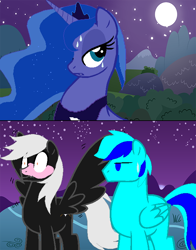 Size: 600x767 | Tagged: safe, artist:sky gamer, princess luna, oc, oc:alex sinfalair, oc:sky gamer, alicorn, pegasus, pony, blushing, canon x oc, lulex, moon, night, role reversal, spread wings, sweat, unamused, wingboner, wings