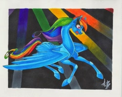 Size: 687x547 | Tagged: safe, artist:angelicaannblack, rainbow dash, pegasus, pony, blue coat, female, mare, multicolored mane, solo, traditional art