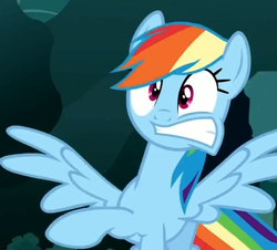 Size: 443x400 | Tagged: safe, screencap, rainbow dash, pegasus, pony, magic duel, out of context, solo, surprised
