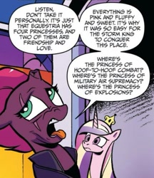 Size: 581x671 | Tagged: safe, artist:andypriceart, idw, princess cadance, tempest shadow, alicorn, pony, unicorn, spoiler:comic, spoiler:comic67, broken horn, cropped, disgusted, eye scar, female, mare, official comic, pretty pretty tempest, scar, speech bubble, tomboy, tongue out, villain has a point