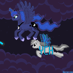 Size: 300x300 | Tagged: safe, artist:imreer, princess luna, alicorn, pony, advertisement, animated, artificial wings, augmented, commission, glowing horn, magic, magic wings, pixel art, wings, your character here