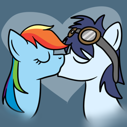 Size: 700x700 | Tagged: safe, artist:theshadowartist100, rainbow dash, soarin', pegasus, pony, alternate hairstyle, eyes closed, female, goggles, heart, kissing, male, shipping, soarindash, straight