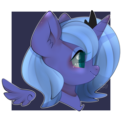 Size: 800x800 | Tagged: safe, artist:snow angel, princess luna, alicorn, pony, bust, crown, female, filly, floating wings, horn, jewelry, mare, portrait, profile, regalia, simple background, solo, tiara, wings, woona, younger