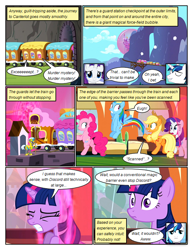 Size: 612x792 | Tagged: safe, artist:newbiespud, edit, edited screencap, screencap, applejack, pinkie pie, rainbow dash, shining armor, twilight sparkle, unicorn twilight, earth pony, pegasus, pony, unicorn, comic:friendship is dragons, a canterlot wedding, barrier, comic, dialogue, eyes closed, female, hat, male, mare, mountain, rearing, screencap comic, stallion, train, wide eyes