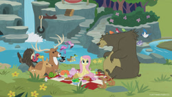 Size: 1600x900 | Tagged: safe, screencap, constance, fluttershy, harry, princess luna, alicorn, bear, bird, blue jay, chipmunk, deer, duck, flamingo, mallard, mouse, pegasus, pony, squirrel, turtle, fake it 'til you make it, animal, buzzard, common loon, doe, female, loon, picnic, stag, sweet feather sanctuary, water, waterfall