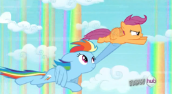 Size: 845x466 | Tagged: safe, derpibooru import, screencap, rainbow dash, scootaloo, pegasus, pony, sleepless in ponyville, carrying, cloud, female, filly, flying, flying lesson, hub logo, hubble, mare, rainbow waterfall, scootaloo can't fly, scootalove, the hub