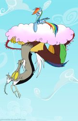 Size: 2700x4162 | Tagged: safe, artist:grievousfan, discord, rainbow dash, draconequus, pegasus, pony, cloud, cloudy, cotton candy cloud, duo, female, looking at each other, male, mare, on a cloud, prone, sky, upside down