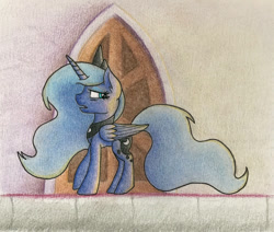 Size: 1000x846 | Tagged: safe, artist:vaser888, princess luna, alicorn, pony, folded wings, looking back, profile, solo, traditional art