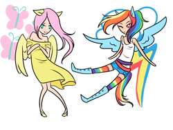 Size: 900x675 | Tagged: safe, artist:pinkenvy, fluttershy, rainbow dash, human, chibi, clothes, dress, eared humanization, female, high heels, humanized, one eye closed, shoes, shorts, simple background, tailed humanization, tanktop, white background, winged humanization, wink