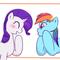 Size: 600x600 | Tagged: safe, artist:nyankamedon, rainbow dash, rarity, pegasus, pony, unicorn, blushing, laughing, pixiv