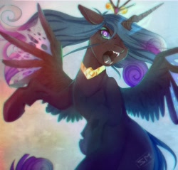 Size: 2047x1953 | Tagged: safe, artist:samarina, princess cadance, queen chrysalis, alicorn, changeling, changeling queen, pony, a canterlot wedding, character to character, crown, disguise, disguised changeling, fake cadance, fangs, female, hybrid wings, jewelry, mare, mid-transformation, open mouth, peytral, regalia, solo, spread wings, transformation, transforming accessories, wings