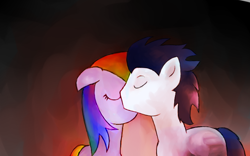 Size: 640x400 | Tagged: safe, artist:mc77777211, rainbow dash, soarin', pegasus, pony, female, kissing, male, shipping, soarindash, straight, watercolor painting