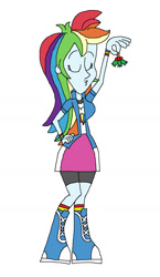 Size: 955x1645 | Tagged: safe, artist:hunterxcolleen, derpibooru import, rainbow dash, human, equestria girls, boots, christmas, clothes, holly, holly mistaken for mistletoe, humanized, kissy face, shorts, skirt, socks, solo