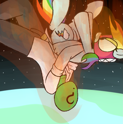 Size: 995x1000 | Tagged: safe, artist:datte-before-dawn, derpibooru import, rainbow dash, oc, oc:anon, pegasus, pony, atmospheric entry, context is for the weak, earth, fire, german suplex, holding, holding a pony, mask, space, suplex, this will end in pain, wide eyes, wrestling