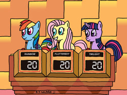 Size: 1024x768 | Tagged: safe, artist:djgames, fluttershy, rainbow dash, twilight sparkle, pegasus, pony, game show, gameshow