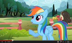 Size: 853x510 | Tagged: safe, screencap, rainbow dash, pegasus, pony, may the best pet win, buzzard, homicide, solo, youtube caption
