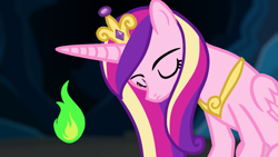 Size: 1280x720 | Tagged: safe, artist:blondenobody, princess cadance, alicorn, pony, crossover, dark souls, eyes closed, female, fire, mare, solo, witch of izalith