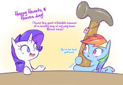 Size: 814x564 | Tagged: safe, artist:raridashdoodles, rainbow dash, rarity, pegasus, pony, unicorn, blushing, comic, cute, dialogue, female, hammer, hearts and hooves day, hoof hold, inflatable, inflatable toy, lesbian, mare, raised hoof, raridash, shipping, slice of life, toy