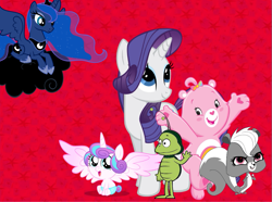 Size: 1033x767 | Tagged: safe, princess flurry heart, princess luna, rarity, alicorn, pony, skunk, unicorn, ben the dungbeetle, cheer bear, diaper, littlest pet shop, pepper clark, tabitha st. germain, voice actor joke