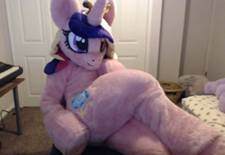 Size: 1550x1073 | Tagged: safe, artist:qtpony, princess cadance, fursuit, irl, lying down, on side, photo, sitting