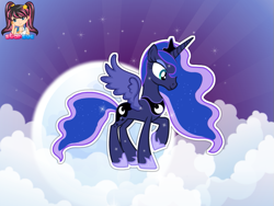 Size: 795x598 | Tagged: safe, artist:user15432, princess luna, alicorn, pony, clothes, cloud, crown, dressup, hasbro, hasbro studios, jewelry, moon, night, night sky, peytral, princess of the night, raised hoof, regalia, shoes, sky, stars, starsue, wings