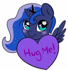 Size: 2350x2445 | Tagged: safe, artist:starfishkitty, princess luna, alicorn, pony, blushing, chibi, female, filly, heart, heart eyes, holiday, hug request, simple background, solo, valentine's day, white background, wingding eyes, woona, younger