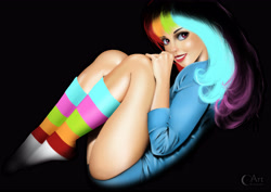 Size: 4961x3508 | Tagged: safe, artist:jht888, derpibooru import, rainbow dash, human, clothes, humanized, looking at you, pinup, pose, rainbow socks, socks, solo, striped socks